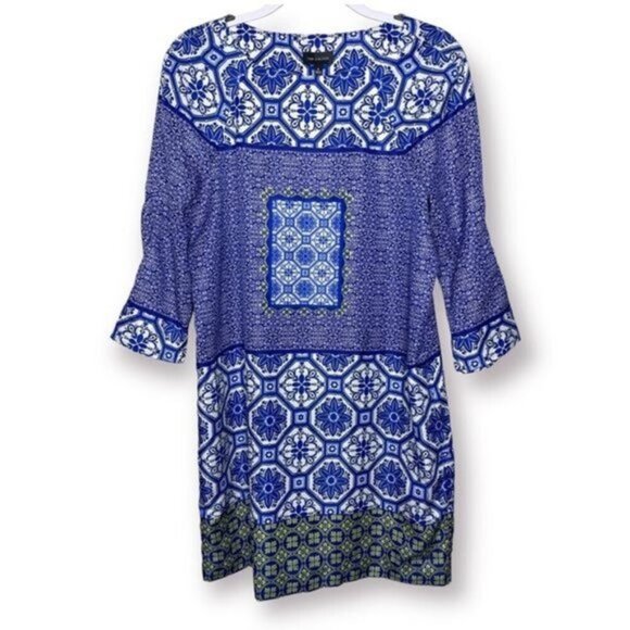 The Limited Size Large Blue Yellow Boho Mandala Breezy 3/4 Sleeve Shift Dress - Picture 1 of 11
